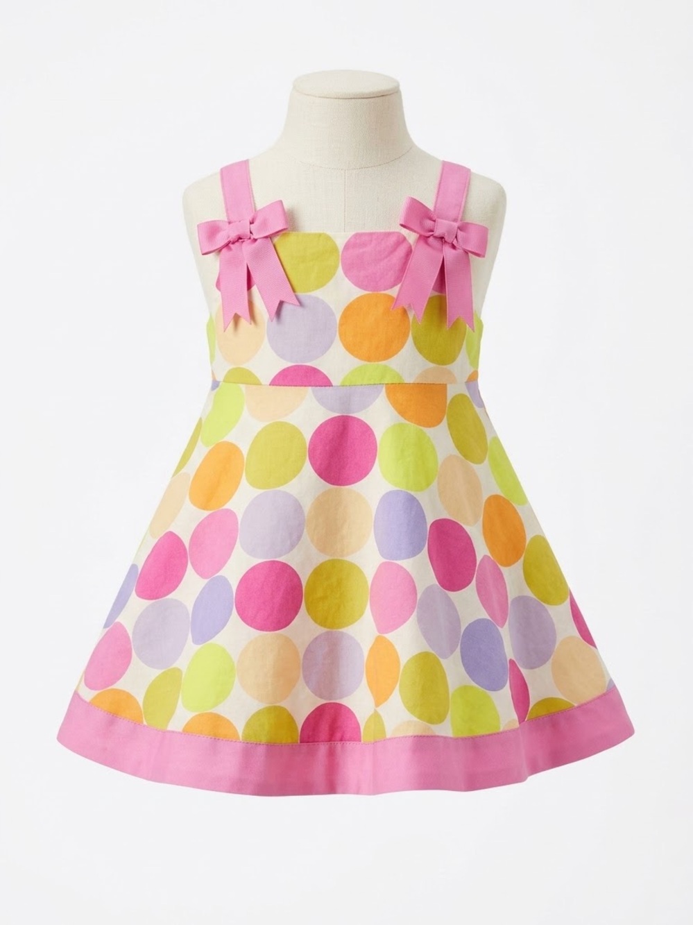 Girls' Polka Dot A-Line Dress with Pink Trim